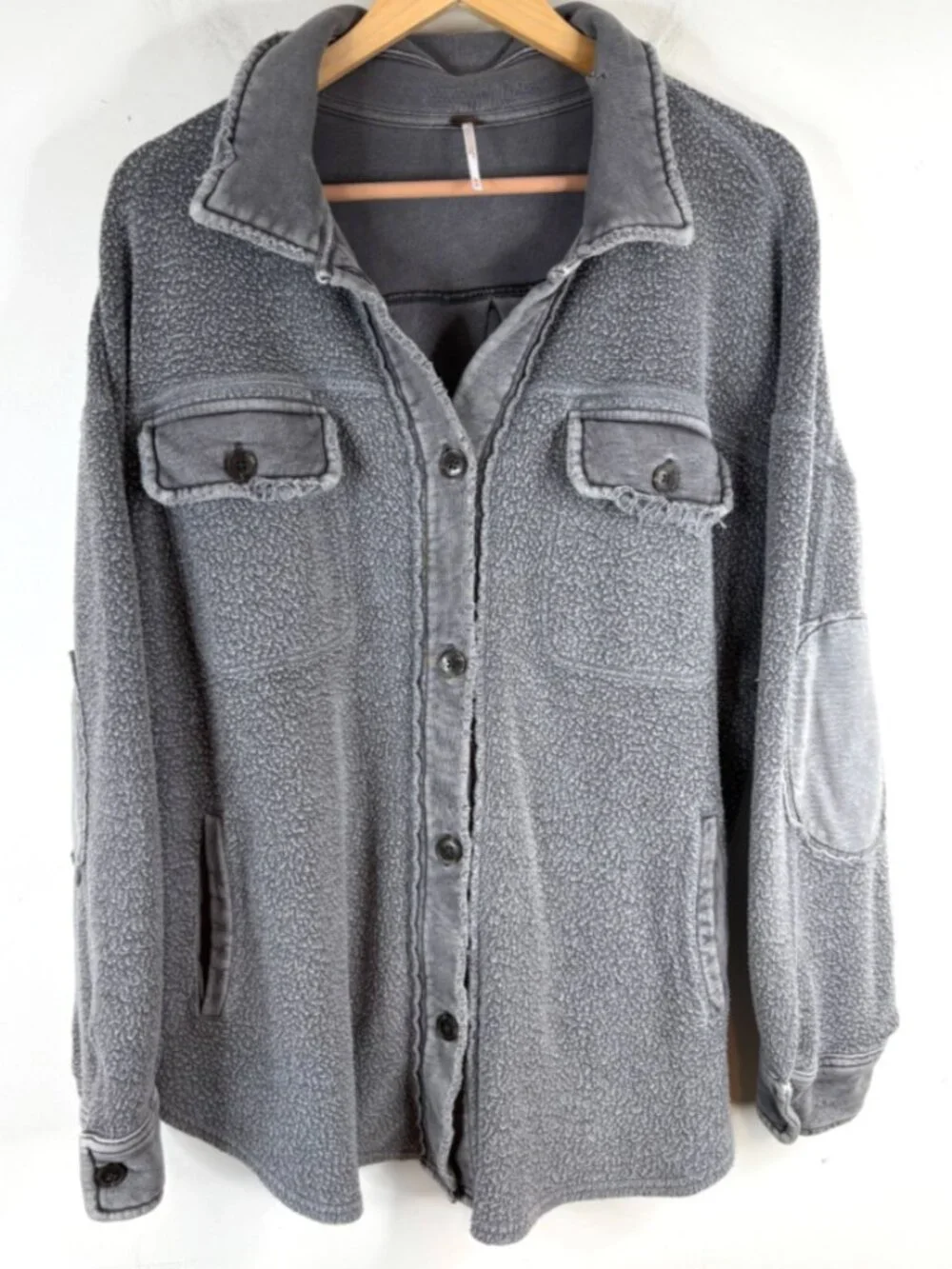 Free People Ruby Fleece Jacket M Shacket Grey Distressed Boho Oversized Pockets